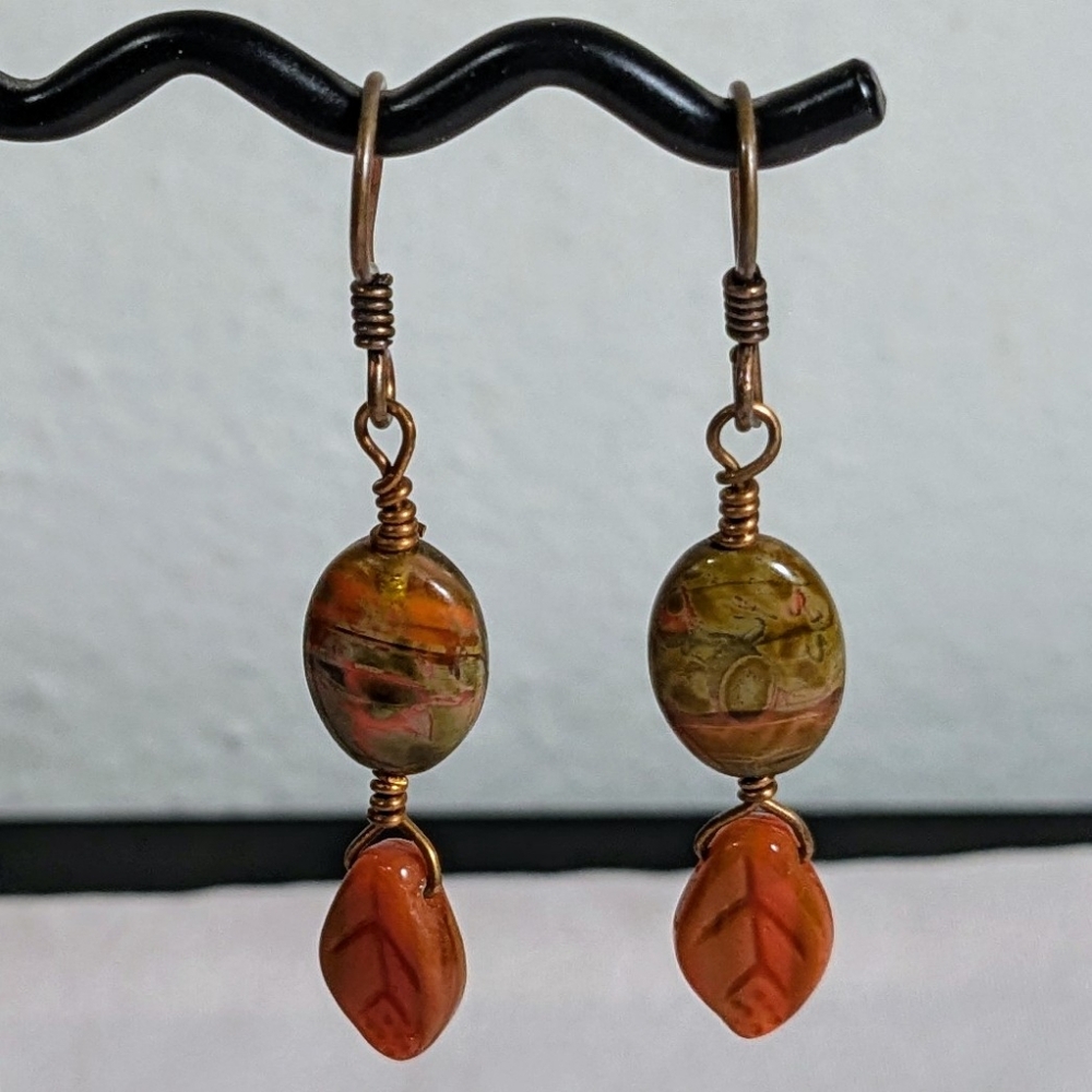 Autumn Leaf Earrings featuring Czech glass and Copper, Handmade Original Design